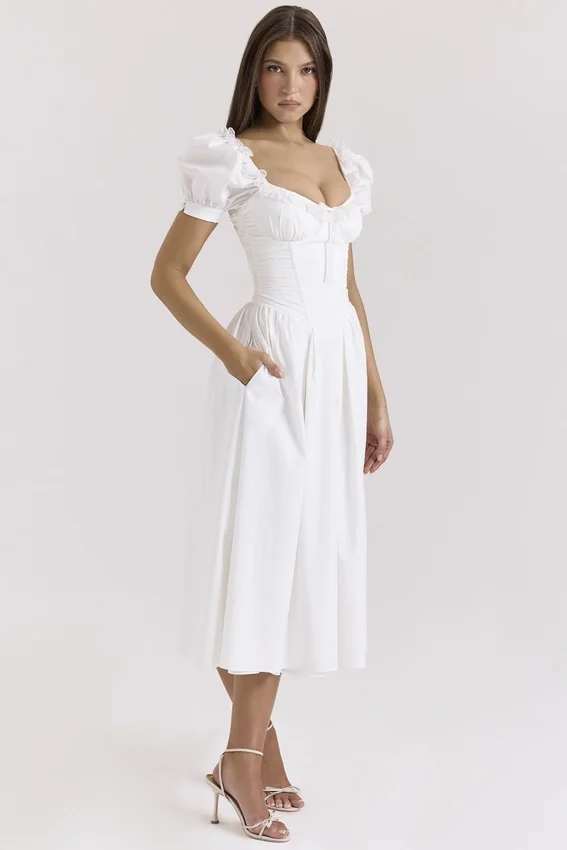 Lulabell White Stretch Cotton Puff Sleeve Midi Dress Lulabell White Stretch Cotton Puff Sleeve Midi Dress