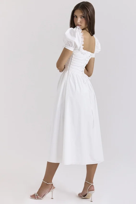 Lulabell White Stretch Cotton Puff Sleeve Midi Dress Lulabell White Stretch Cotton Puff Sleeve Midi Dress