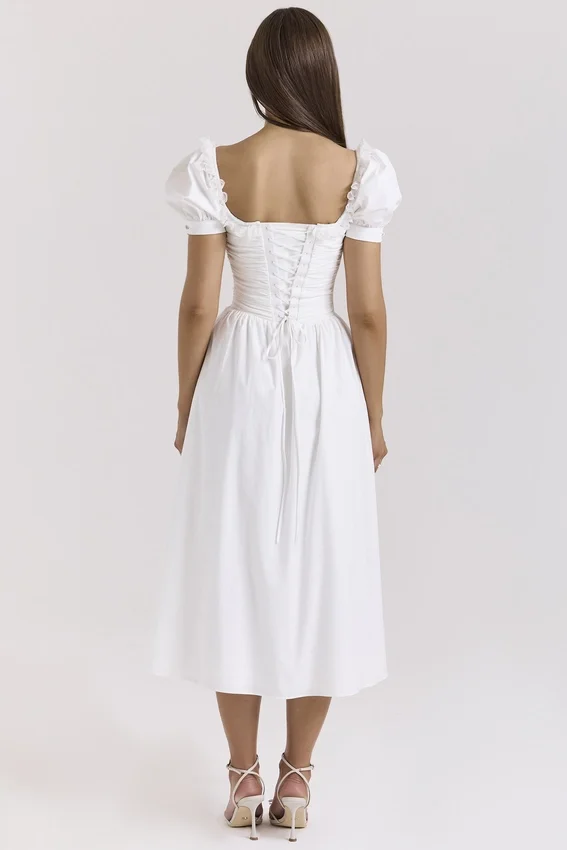 Lulabell White Stretch Cotton Puff Sleeve Midi Dress Lulabell White Stretch Cotton Puff Sleeve Midi Dress