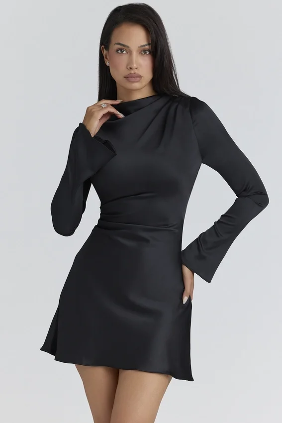 Lulu Black Satin Long Sleeve Mini Dress Lulu Black Satin Long Sleeve Mini Dress