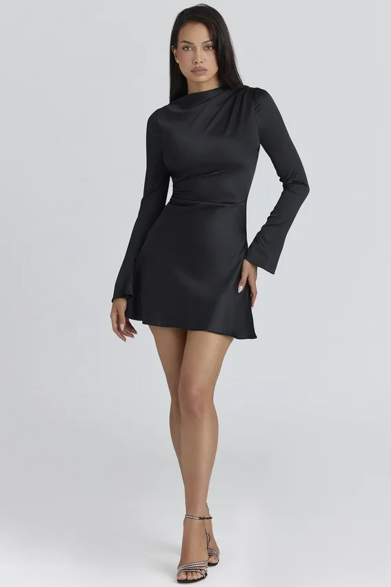 Lulu Black Satin Long Sleeve Mini Dress Lulu Black Satin Long Sleeve Mini Dress