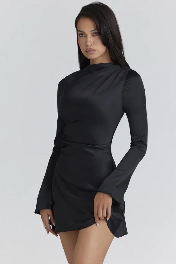 Lulu Black Satin Long Sleeve Mini Dress Lulu Black Satin Long Sleeve Mini Dress