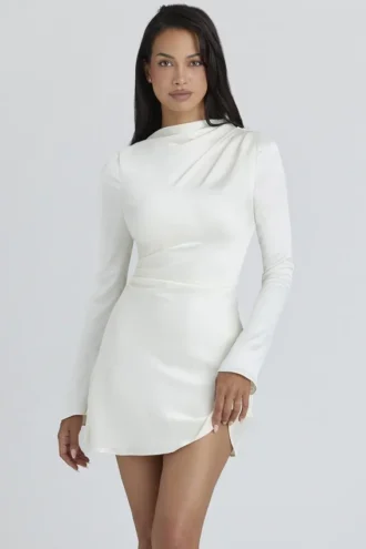 Lulu Ivory Satin Flute Sleeve Mini Dress