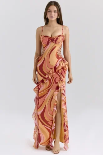 Lumira Sunset Swirl Print Ruffle Cut Out Maxi Dress