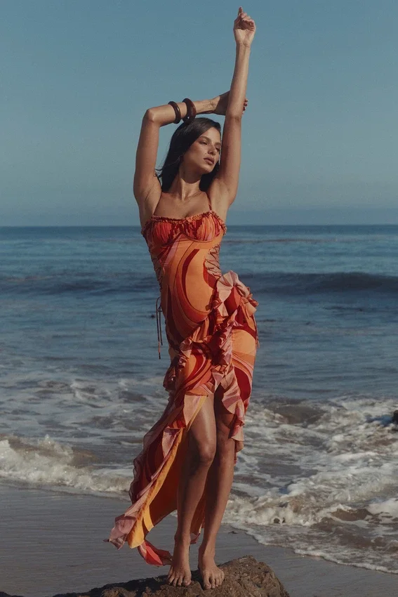 Lumira Sunset Swirl Print Ruffle Cut Out Maxi Dress Lumira Sunset Swirl Print Ruffle Cut Out Maxi Dress