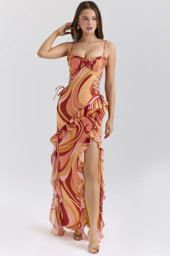 Lumira Sunset Swirl Print Ruffle Cut Out Maxi Dress Lumira Sunset Swirl Print Ruffle Cut Out Maxi Dress