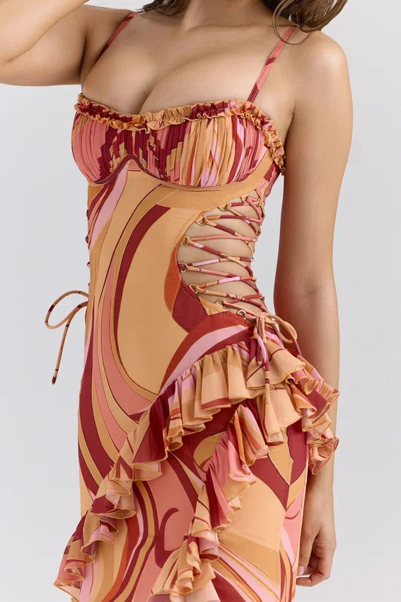 Lumira Sunset Swirl Print Ruffle Cut Out Maxi Dress Lumira Sunset Swirl Print Ruffle Cut Out Maxi Dress