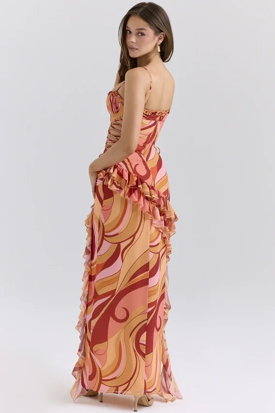 Lumira Sunset Swirl Print Ruffle Cut Out Maxi Dress Lumira Sunset Swirl Print Ruffle Cut Out Maxi Dress