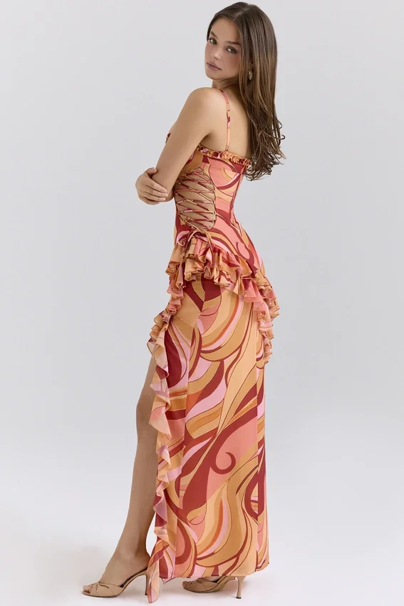 Lumira Sunset Swirl Print Ruffle Cut Out Maxi Dress Lumira Sunset Swirl Print Ruffle Cut Out Maxi Dress