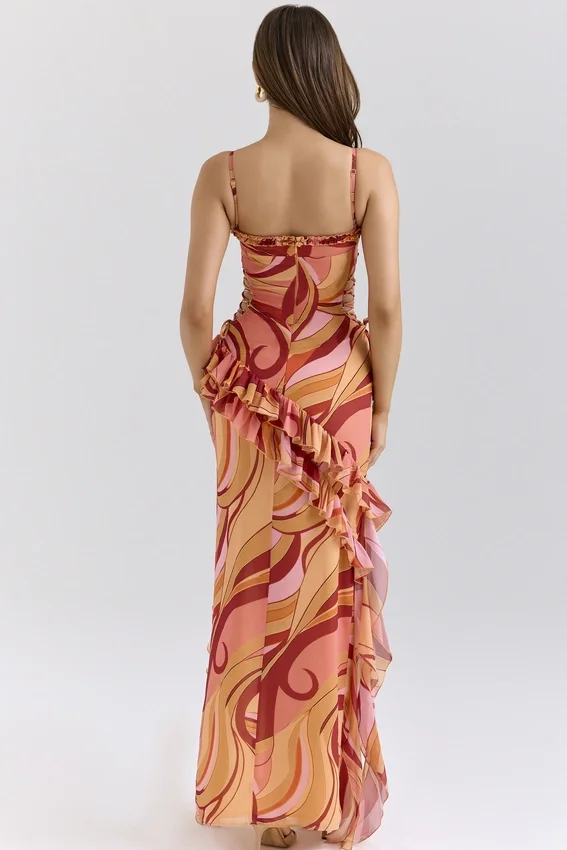 Lumira Sunset Swirl Print Ruffle Cut Out Maxi Dress Lumira Sunset Swirl Print Ruffle Cut Out Maxi Dress