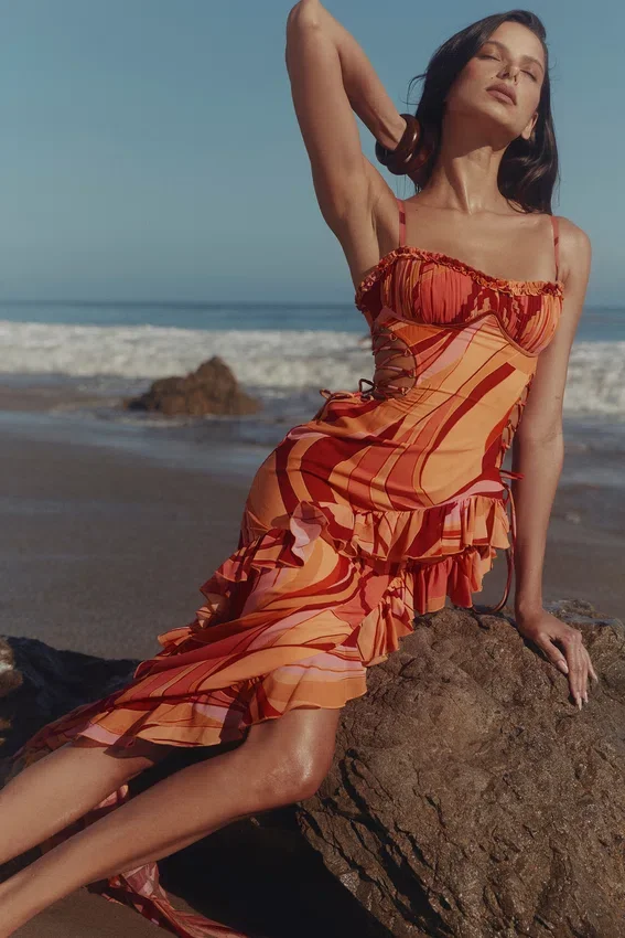 Lumira Sunset Swirl Print Ruffle Cut Out Maxi Dress Lumira Sunset Swirl Print Ruffle Cut Out Maxi Dress