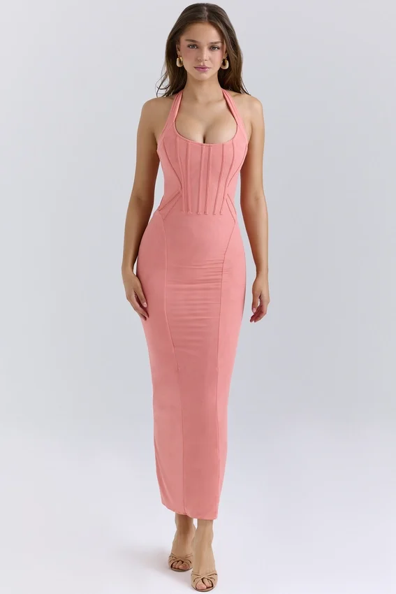 Lusilla Coral Stretch Mesh Halter Neck Midi Dress Lusilla Coral Stretch Mesh Halter Neck Midi Dress