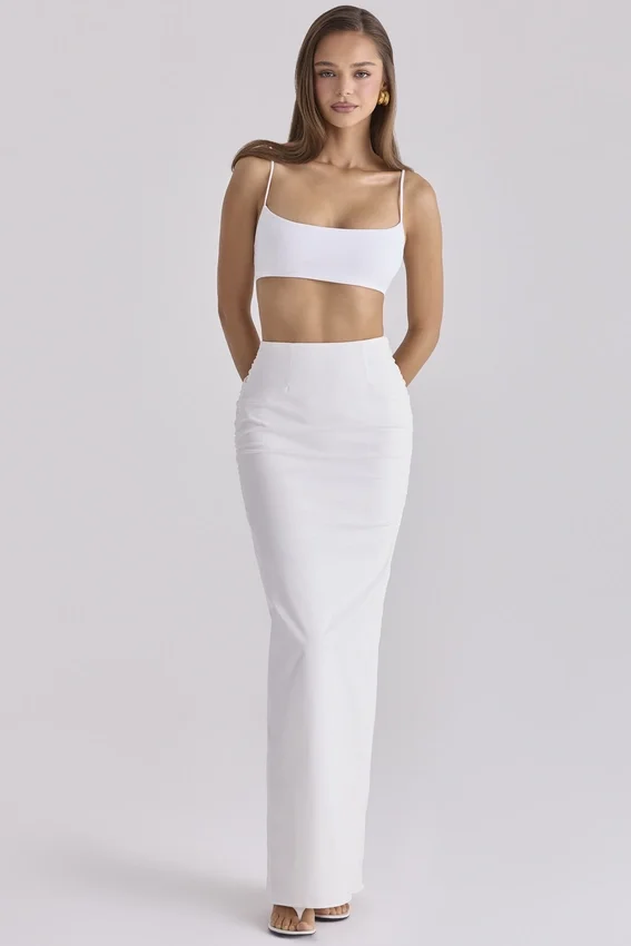 Lyra White Cotton V Back Draped Maxi Skirt Lyra White Cotton V Back Draped Maxi Skirt