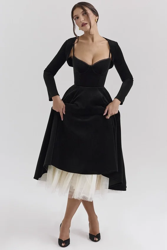 Mademoiselle Black Velvet Tulle Midi Dress + Bolero Mademoiselle Black Velvet Tulle Midi Dress + Bolero