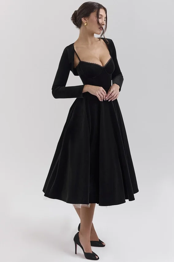 Mademoiselle Black Velvet Tulle Midi Dress + Bolero Mademoiselle Black Velvet Tulle Midi Dress + Bolero