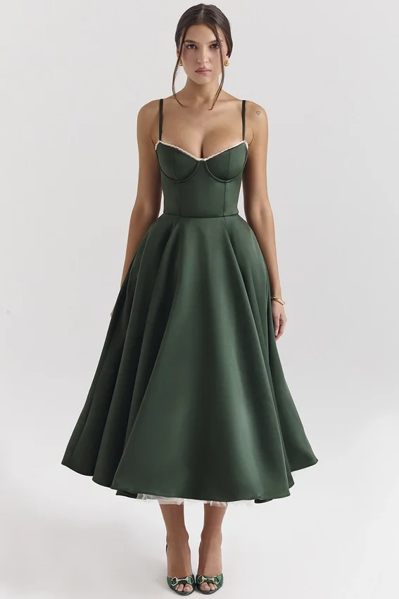 Mademoiselle Forest Green Satin Tulle Midi Dress Mademoiselle Forest Green Satin Tulle Midi Dress