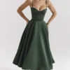 Mademoiselle Forest Green Satin Tulle Midi Dress Mademoiselle Forest Green Satin Tulle Midi Dress