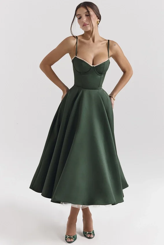 Mademoiselle Forest Green Satin Tulle Midi Dress Mademoiselle Forest Green Satin Tulle Midi Dress