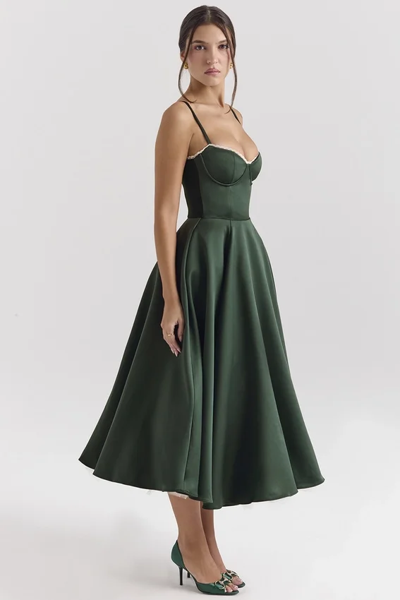 Mademoiselle Forest Green Satin Tulle Midi Dress Mademoiselle Forest Green Satin Tulle Midi Dress