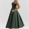 Mademoiselle Forest Green Satin Tulle Midi Dress Mademoiselle Forest Green Satin Tulle Midi Dress