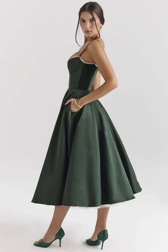 Mademoiselle Forest Green Satin Tulle Midi Dress Mademoiselle Forest Green Satin Tulle Midi Dress