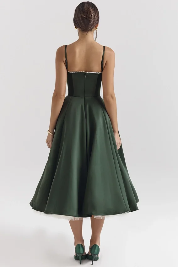 Mademoiselle Forest Green Satin Tulle Midi Dress Mademoiselle Forest Green Satin Tulle Midi Dress