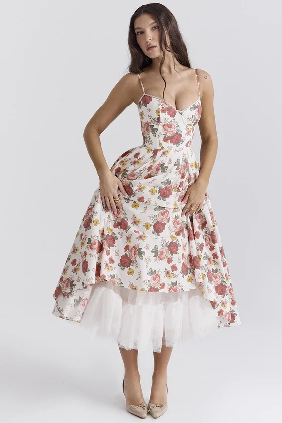 Mademoiselle Italian Rose Print Tulle Midi Dress Mademoiselle Italian Rose Print Tulle Midi Dress