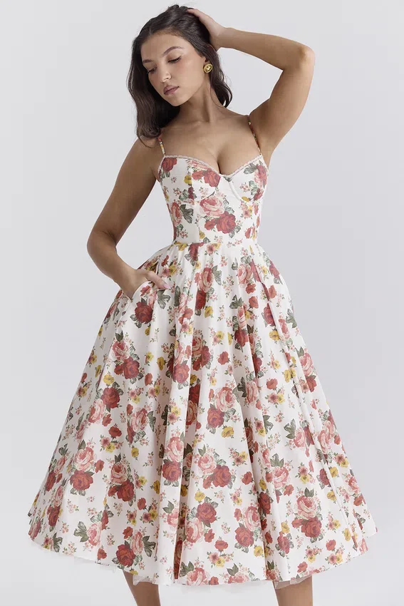 Mademoiselle Italian Rose Print Tulle Midi Dress Mademoiselle Italian Rose Print Tulle Midi Dress