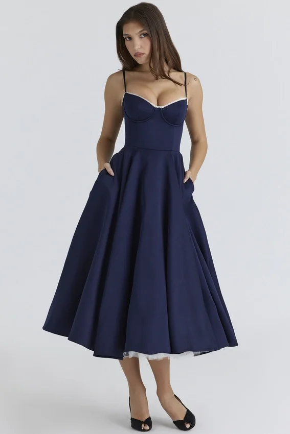 Mademoiselle Navy Satin Tulle Midi Dress Mademoiselle Navy Satin Tulle Midi Dress