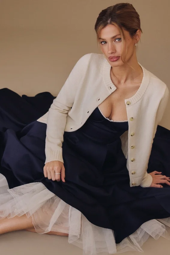 Mademoiselle Navy Satin Tulle Midi Dress Mademoiselle Navy Satin Tulle Midi Dress