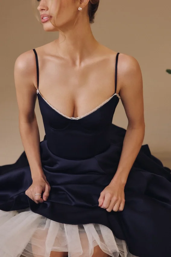 Mademoiselle Navy Satin Tulle Midi Dress Mademoiselle Navy Satin Tulle Midi Dress