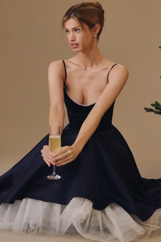 Mademoiselle Navy Satin Tulle Midi Dress Mademoiselle Navy Satin Tulle Midi Dress