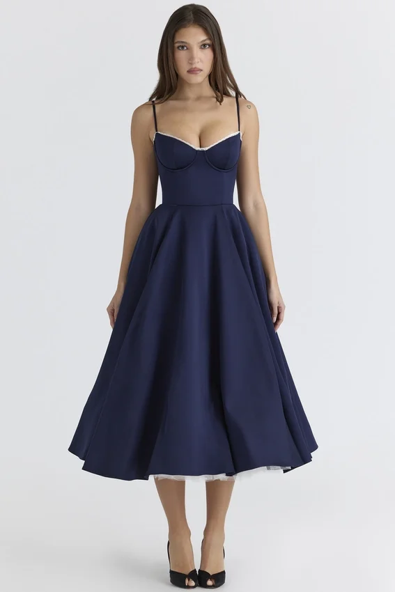 Mademoiselle Navy Satin Tulle Midi Dress Mademoiselle Navy Satin Tulle Midi Dress