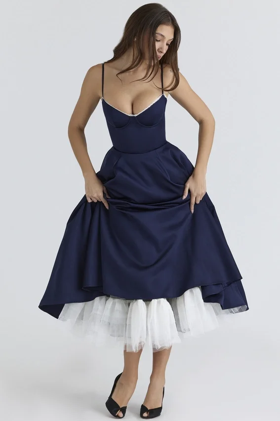 Mademoiselle Navy Satin Tulle Midi Dress Mademoiselle Navy Satin Tulle Midi Dress