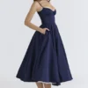Mademoiselle Navy Satin Tulle Midi Dress Mademoiselle Navy Satin Tulle Midi Dress