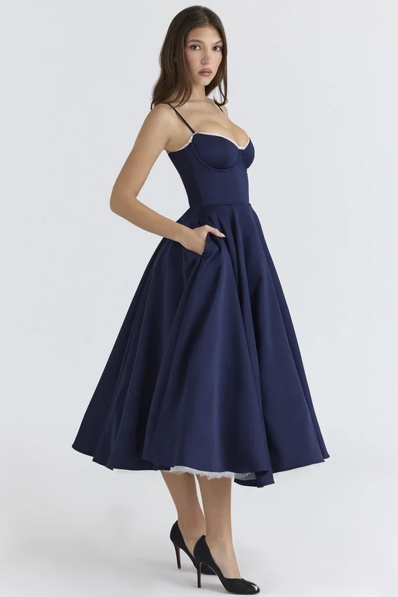 Mademoiselle Navy Satin Tulle Midi Dress Mademoiselle Navy Satin Tulle Midi Dress