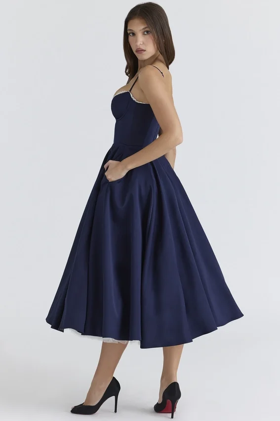 Mademoiselle Navy Satin Tulle Midi Dress Mademoiselle Navy Satin Tulle Midi Dress