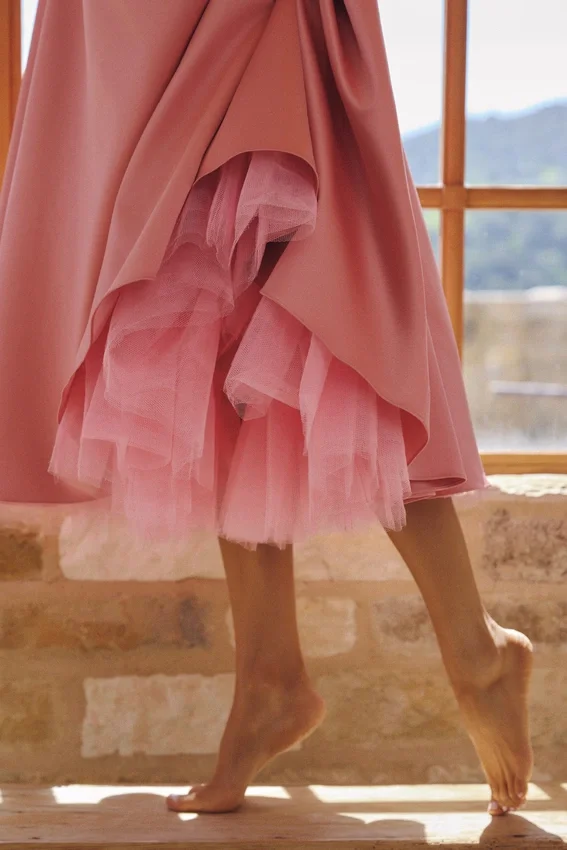 Mademoiselle Raspberry Satin Tulle Midi Dress Mademoiselle Raspberry Satin Tulle Midi Dress
