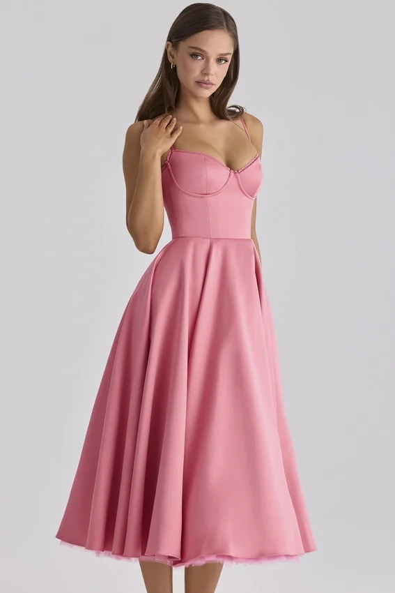 Mademoiselle Raspberry Satin Tulle Midi Dress Mademoiselle Raspberry Satin Tulle Midi Dress