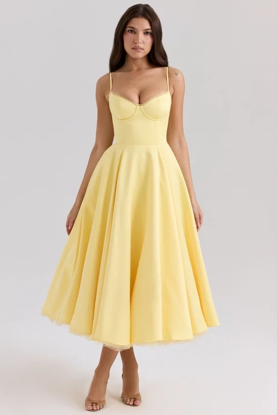 Mademoiselle Sunshine Yellow Satin Tulle Midi Dress Mademoiselle Sunshine Yellow Satin Tulle Midi Dress