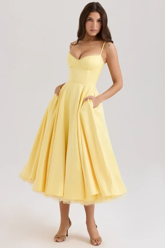 Mademoiselle Sunshine Yellow Satin Tulle Midi Dress Mademoiselle Sunshine Yellow Satin Tulle Midi Dress