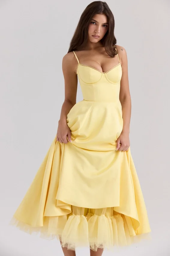 Mademoiselle Sunshine Yellow Satin Tulle Midi Dress Mademoiselle Sunshine Yellow Satin Tulle Midi Dress