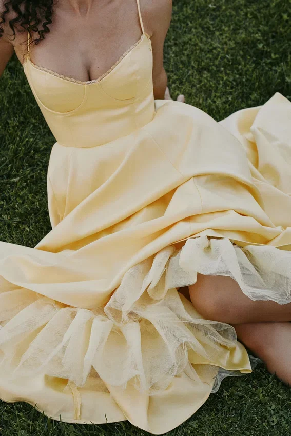 Mademoiselle Sunshine Yellow Satin Tulle Midi Dress Mademoiselle Sunshine Yellow Satin Tulle Midi Dress