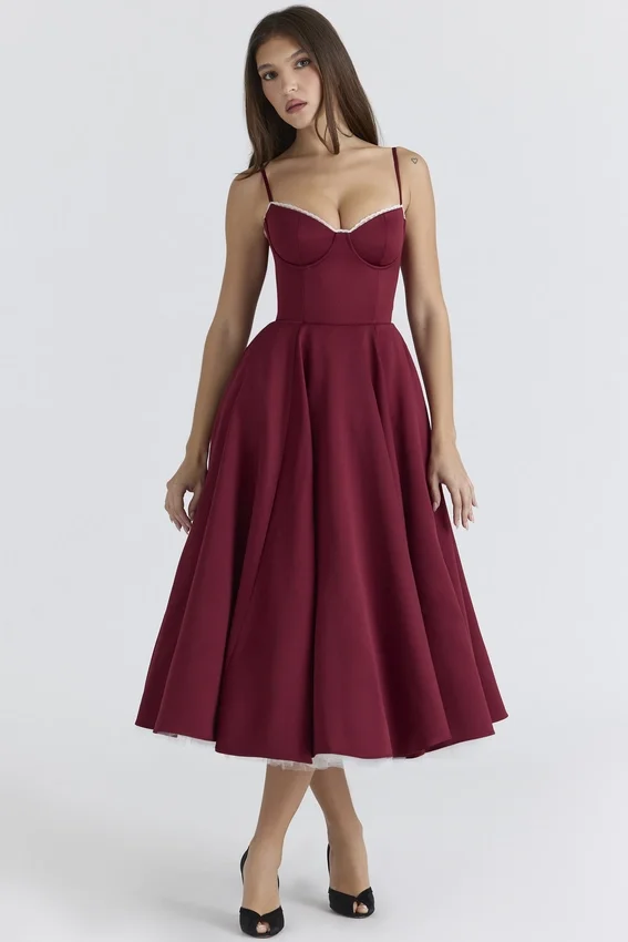 Mademoiselle Wine Satin Tulle Midi Dress Mademoiselle Wine Satin Tulle Midi Dress
