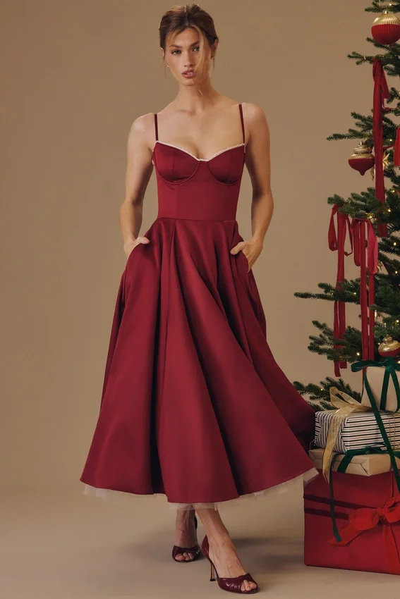 Mademoiselle Wine Satin Tulle Midi Dress Mademoiselle Wine Satin Tulle Midi Dress