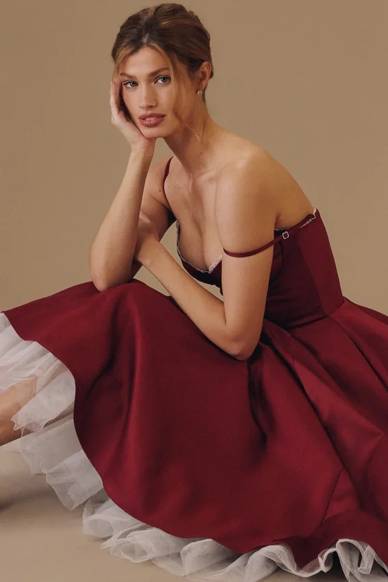 Mademoiselle Wine Satin Tulle Midi Dress Mademoiselle Wine Satin Tulle Midi Dress