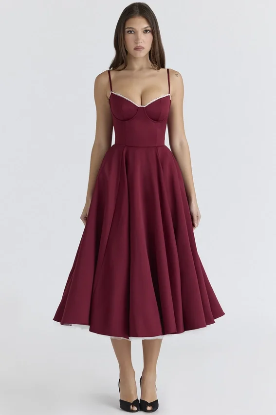 Mademoiselle Wine Satin Tulle Midi Dress Mademoiselle Wine Satin Tulle Midi Dress