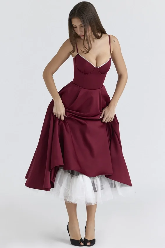 Mademoiselle Wine Satin Tulle Midi Dress Mademoiselle Wine Satin Tulle Midi Dress
