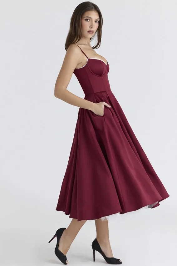 Mademoiselle Wine Satin Tulle Midi Dress Mademoiselle Wine Satin Tulle Midi Dress