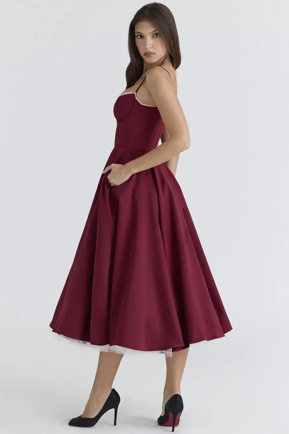 Mademoiselle Wine Satin Tulle Midi Dress Mademoiselle Wine Satin Tulle Midi Dress